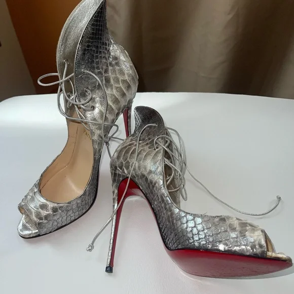Christian louboutin mega vamp snake skin lace-up grey pumps